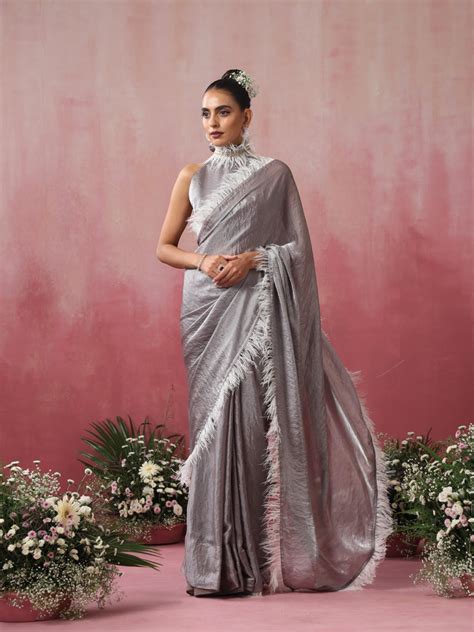 Buy Vegas Grey Lilac Metallic Satin Saree with Fur and Blouse Fabric ...