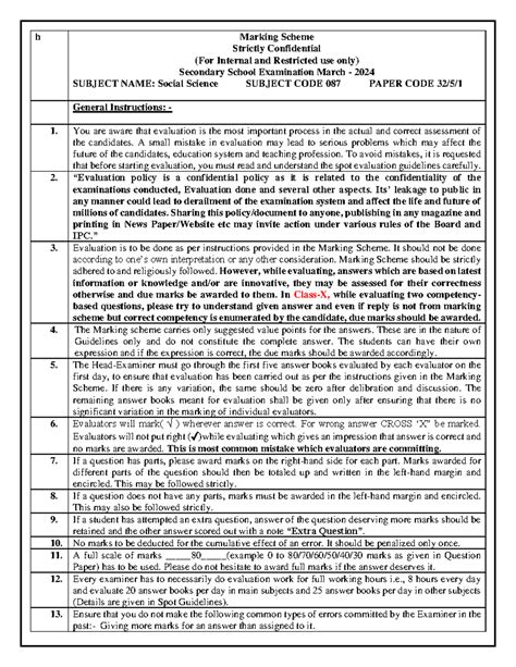 Marking Scheme for Social Science Exam (Subject Code 087) - March 2024 ...