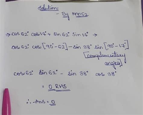 The value of cos 62° cos 17°+ sin 62° sin 17°is - Brainly.in