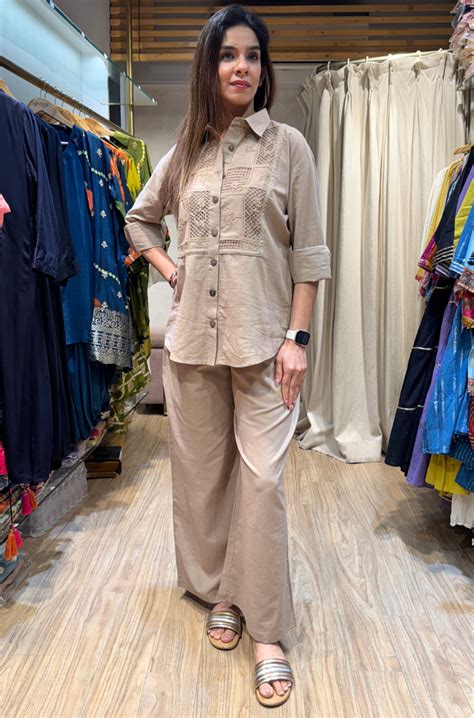 Rozana - Beige Shirt Collar Cutwork Co-Ord Set with Straight Pants (PR ...