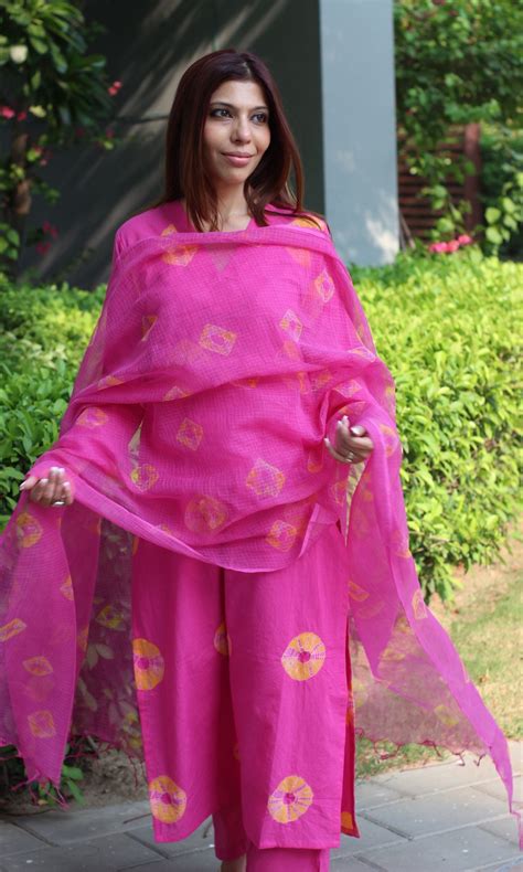Cotton Hot Pink Shibori Suit Set with Kota Doria Dupatta – Baareeki