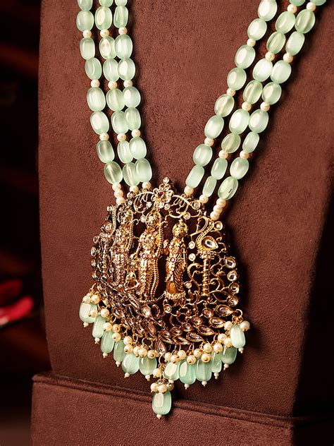 Mint Glossy Beads God Pattern Gold Plated AD Necklace with Mini Drop S ...