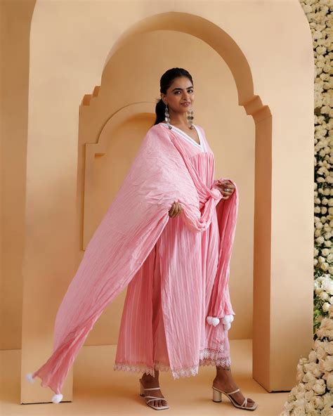 Find Ghazal Pink Lino Mul Gathered Lace Suit Set Online - Baisa Crafts