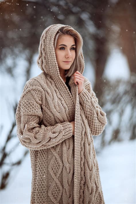 Hand knitted coat Long cable knit cardigan Beige wool coat | Etsy ...