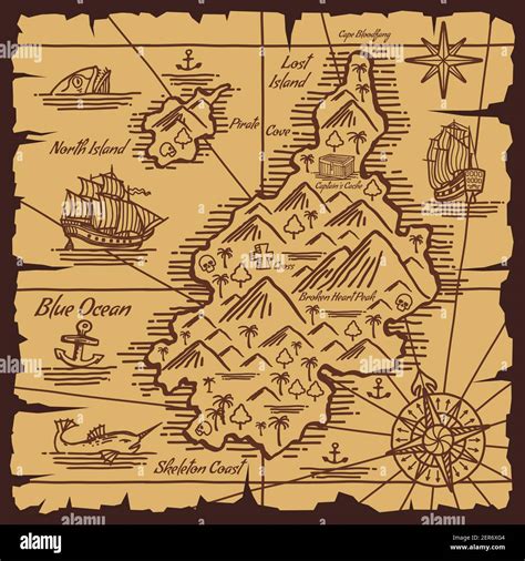Pirate treasure map old scroll vector sketch of islands in ocean ...