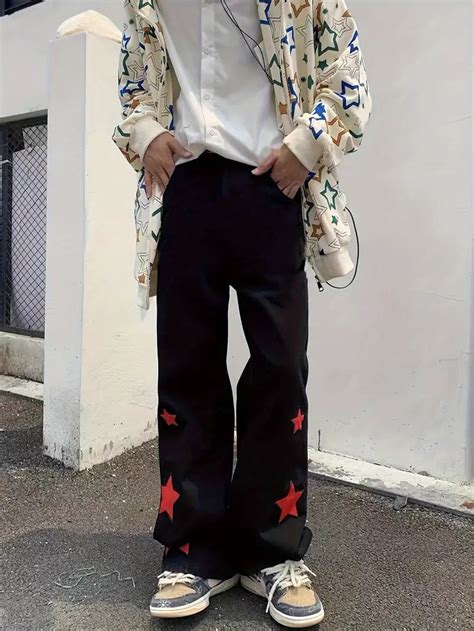 Men's Black Y2K Star Print Baggy Straight Fit Wide Leg Denim Jeans For ...