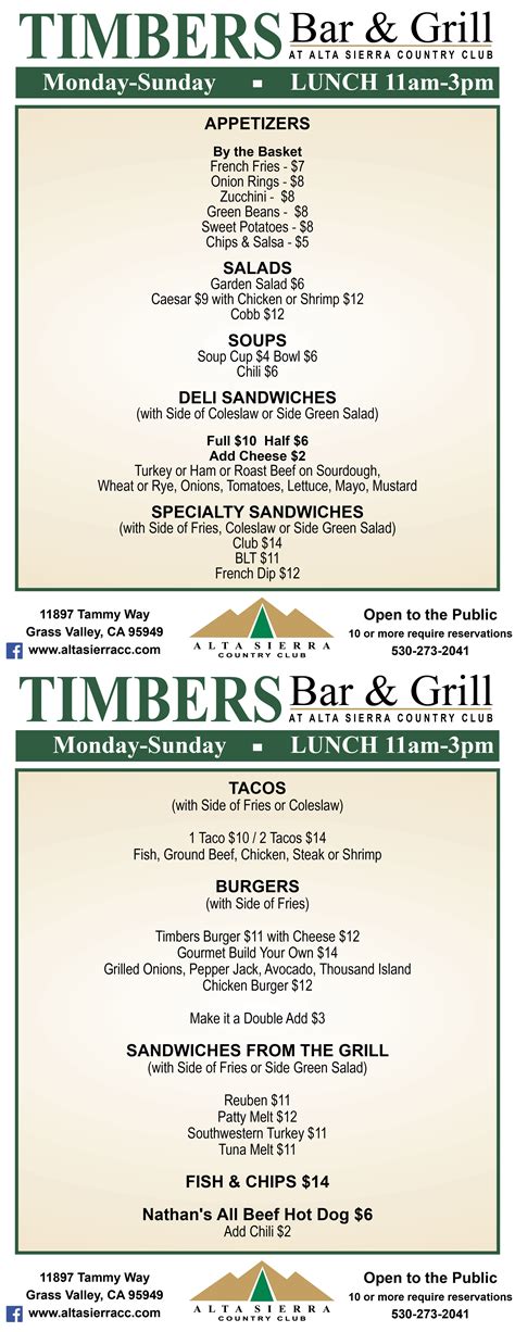 Timbers Menus