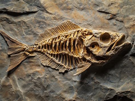 Fossilized fish with visible bones and scales preserved in sedimentary ...