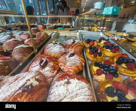 Pastries in the window of an artisanal french bakery in New York on ...