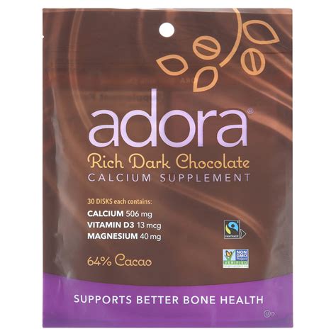 Adora Organic Dark Chocolate Calcium Supplement, 500mg, Gluten-Free ...