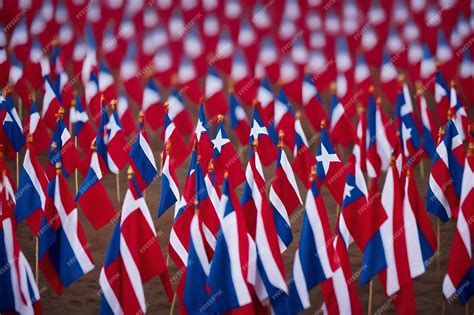 Premium AI Image | A field of flags with a red, white, and blue flag.