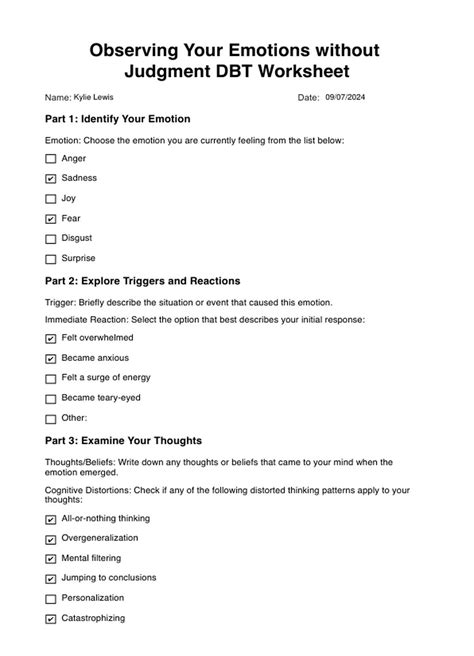 Observing Your Emotions without Judgment DBT Worksheet & Example | Free PDF Download