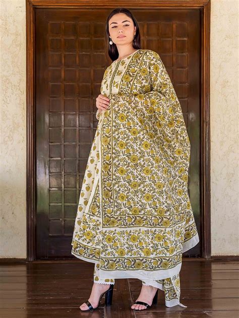 Buy Off White Mustard Yellow Hand Block Printed Cotton A-Line Suit with ...