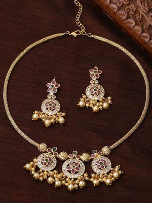 Buy Estele Gold Plated CZ Trilogy Designer Bridal Necklace Set with ...