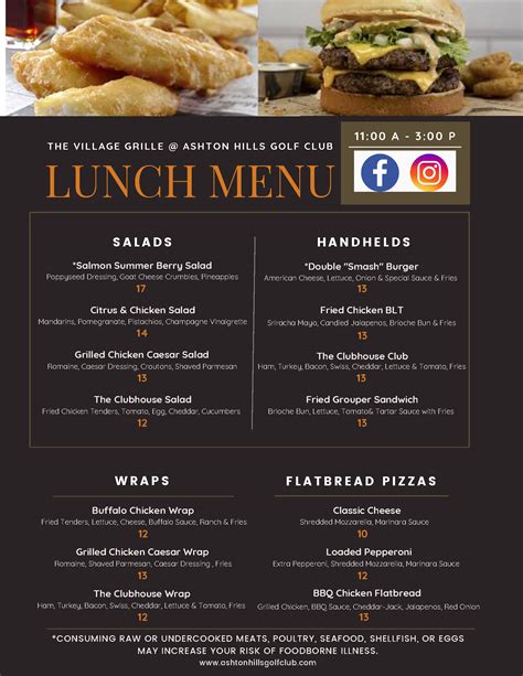 The Village Grille Menu - Ashton Hills Golf Club - Delicious Dining Options