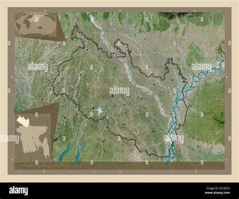 Rangpur, division of Bangladesh. High resolution satellite map. Locations of major cities of the ...