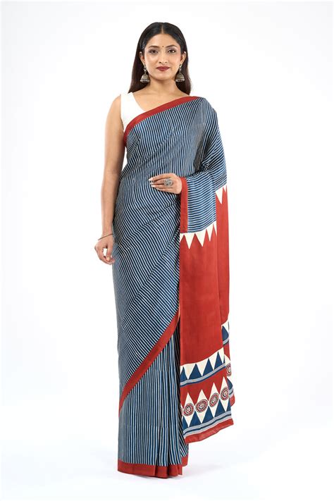 Teejh Tarni Navy and Rust Digital Print Modal Silk Saree