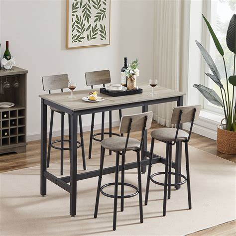 5 Pieces Bar Table Set, Industrial Style Dining Table Set with 4 PU ...