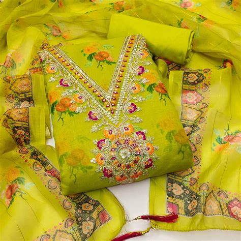 Green Floral Digital Print Dress Material With Sequins & Cording Embro