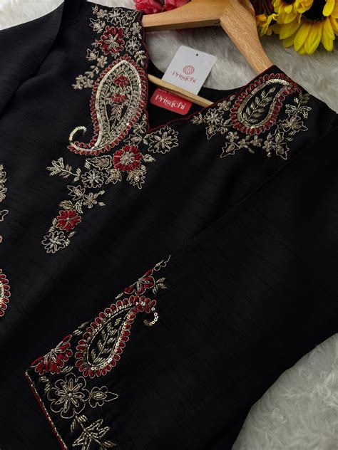 Black Embroidered Ethnic Kurta Set for Women with Pants & Dupatta ...