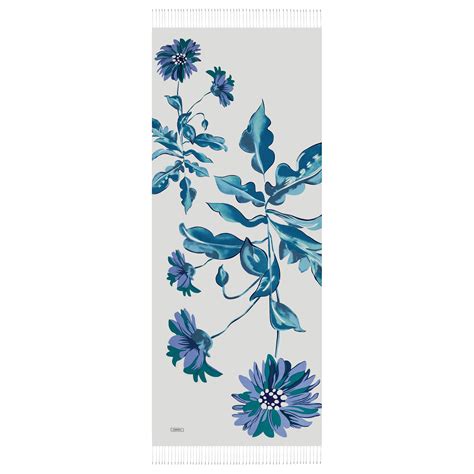 White Blue Echinacea Print Silk Shawl| Ipekevi