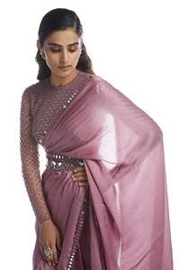 Buy Pink Saree Satin Chiffon Blouse Net Round With For Women by Vvani ...