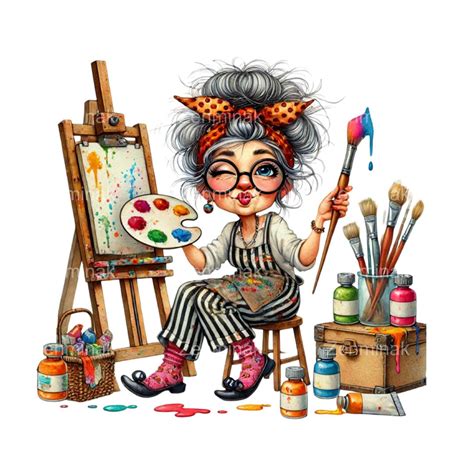 11 Funny Painter Granny Clip Art PNG - Elderly Artist With Easel and ...