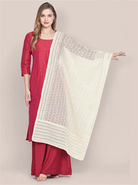Off White Cotton Dupatta With Embroidery All Over Dupatta Bazaar
