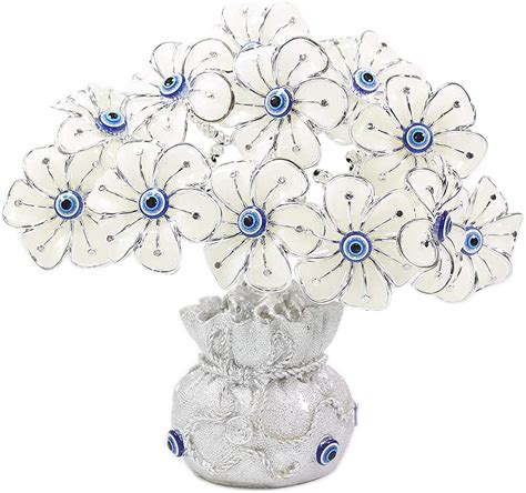 Buy 8" Turkish Blue Evil Eye White Flowers Money Tree with Fortune Bag ...