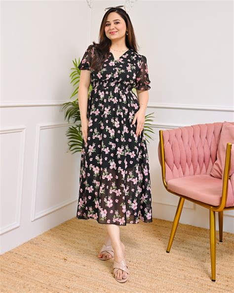 Moonlit Garden Floral A Line Chiffon Designer Maxi Dress For Women ...