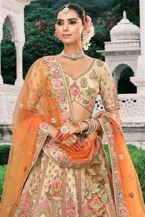 Shop for Beige and Orange Semi-Stitched Embroidered Silk Lehenga Online ...