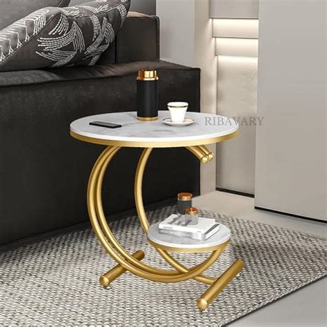 QEY RETI Wrought Iron Golden 2 Tier Round End Table Coffee Table Side ...