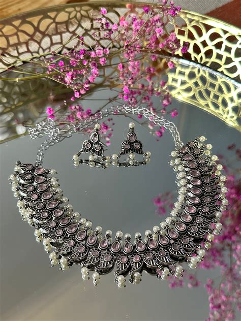 Petal Pearl Delight Oxidised Necklace Set – Unique Indian Jewellery ...