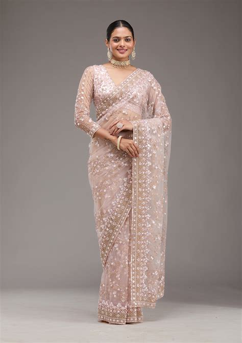 Buy Baby Pink Sequins Net Saree - Koskii
