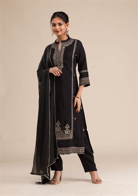 Buy Black Zariwork Semi Crepe Readymade Salwar Suit - Koskii