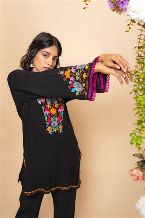 Multi Color Thread Work Black Kurti With Pant