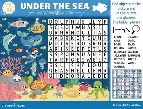 Vector Under The Sea Word Search Puzzle For Kids. Simple Ocean Life ...