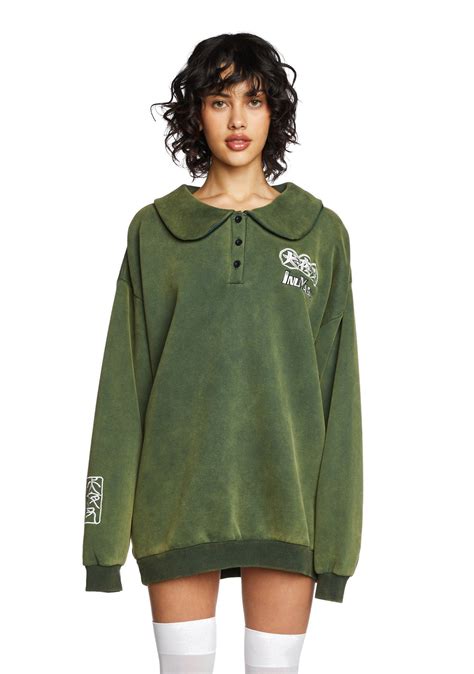 Dolls Kill x Inuyasha Oversized Washed Knit Embroidered Sweater - Green