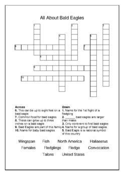 All About Bald Eagles - Crossword Puzzle and Word Search Bell Ringer