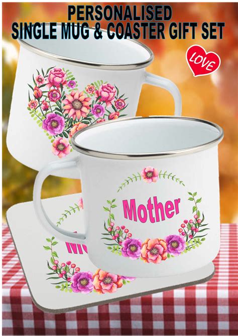 Mother Mum Floral Enamel Mug with Cork Backed Drinks Coaster Gift Set ...