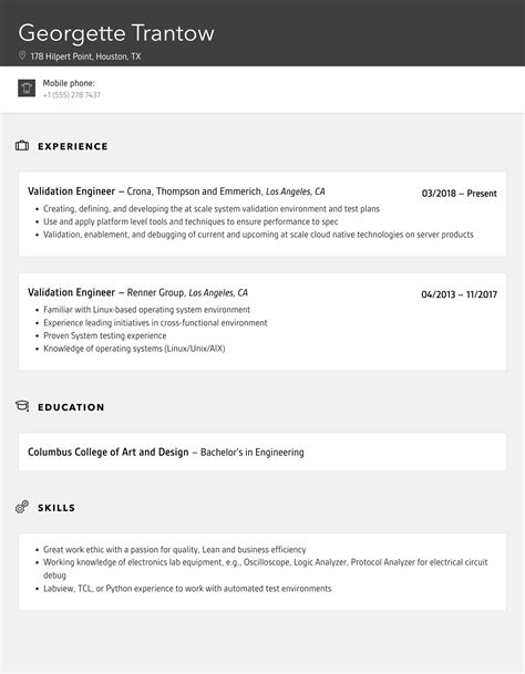 Validation Engineer Resume Samples | Velvet Jobs