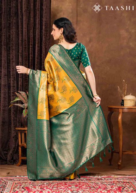 Buy Mustard Floral Tissue Brocade Silk Saree - Taashi Online - Taashi