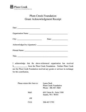 Fillable Online Plum Creek Foundation Grant Acknowledgment Receipt Fax ...