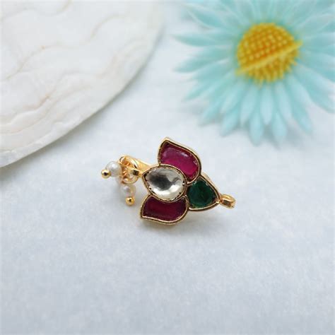 PREMIUM PACHI KUNDAN LOTUS CLIP ON NOSE PIN - KUNDAN BRIDAL NOSEPIN