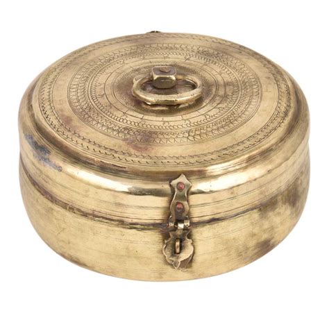 Round Tribal Brass Tiffin Box With Delicate carved Rings On Lid And Latch