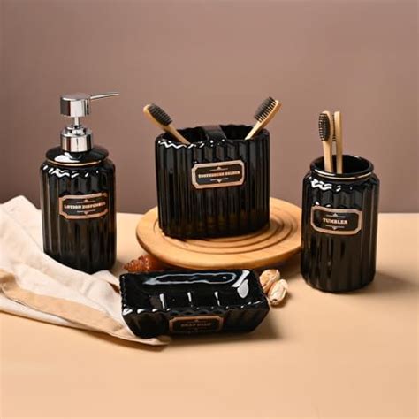 Market99 Black Ceramic Bathroom Set of 4 - Ribbed Design | Matte ...