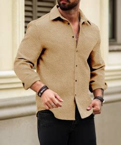 Force Men Self Design Casual Beige Shirt - Buy Force Men Self Design ...