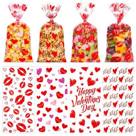 Amazon.com: RICEDUO 100 Pieces Valentine's Day Cellophane Treat Bags ...
