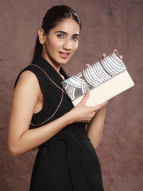 Priyaasi Silver Line Embellished Beige Party Sling Bag