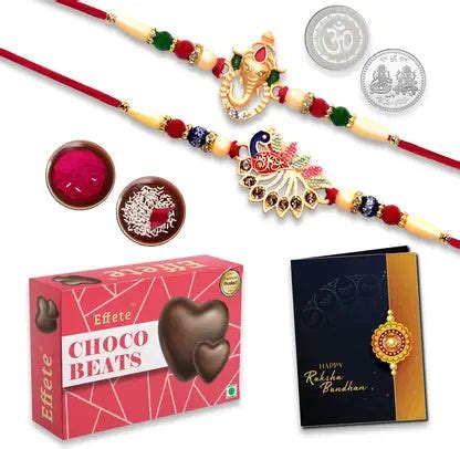 Rakhi Gift Combo with 2 Designer Rakhis for Brother – Ganesh & Peacock